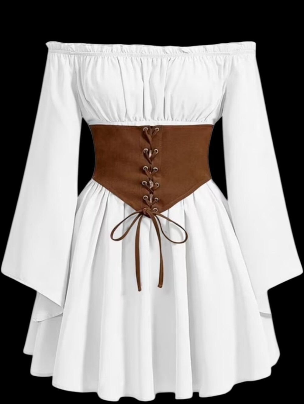 SHEIN MOD Cottagecore Renaissance Off-Shoulder Corset Mini Dress - White/Brown
